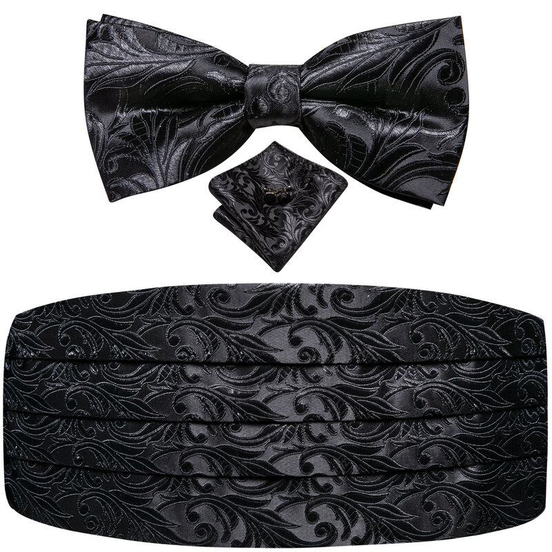 Cummerbunds de seda preta Floral masculina oi-tie, gravata Jacquard Vintage, abotoaduras Hanky, espartilho de cinto Cummerbund, casamento masculino eventos