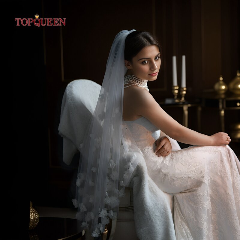 TOPQUEEN New 3d Floral Veil Wedding Single Finger Long Veil Bride Velos De Novia Lujo 2024 Wedding Dress Bride V229