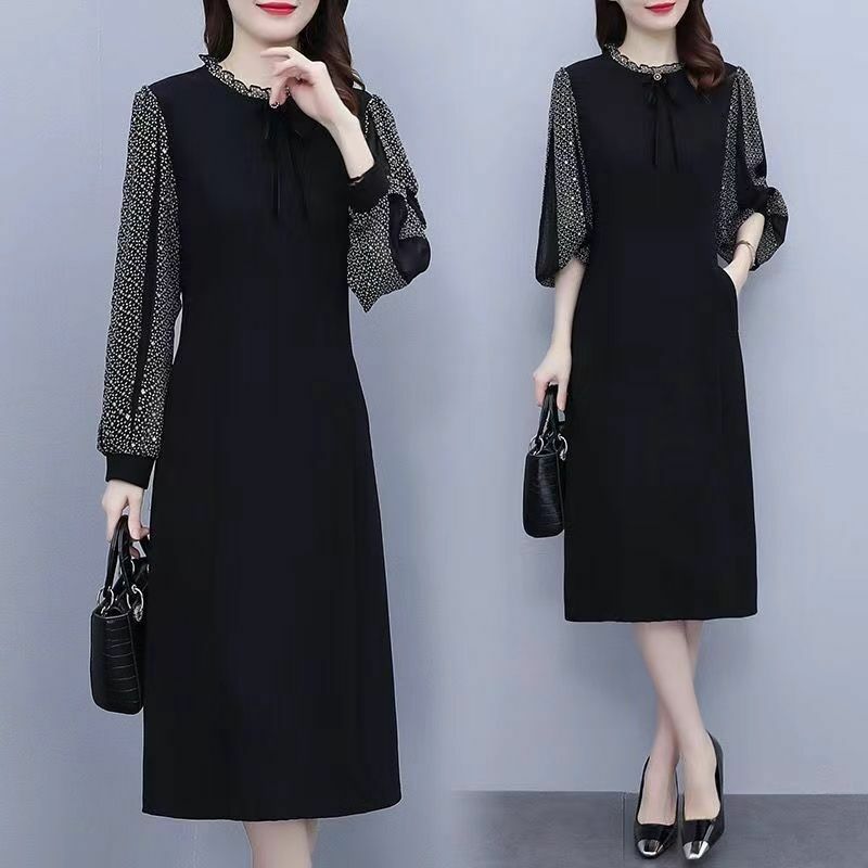 Spring Autumn Fashion Elegant Long Sleeve Fake Two Pieces Dress Solid Color Spliced Round Neck Loose Dresses Women's Clothing