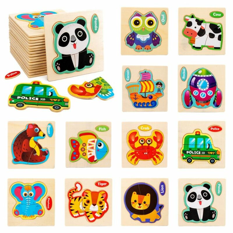 Baby Montessori Toys 3D Wooden Puzzle Toy Cartoon Animal Traffic Jigsaw Early Education Toys Learning Cognition Children Gift