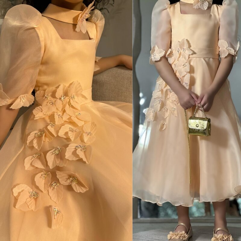 Organza Applique Pleat Homecoming A-line Square Neck Bespoke Occasion Gown Midi Dresses