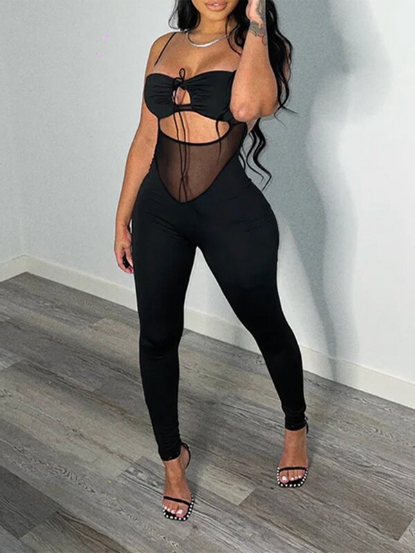 Women Solid Color Jumpsuits Mesh See-Through Tie-Up Halter Neck Long Cami Rompers Summer Skinny Playsuits Clubwear