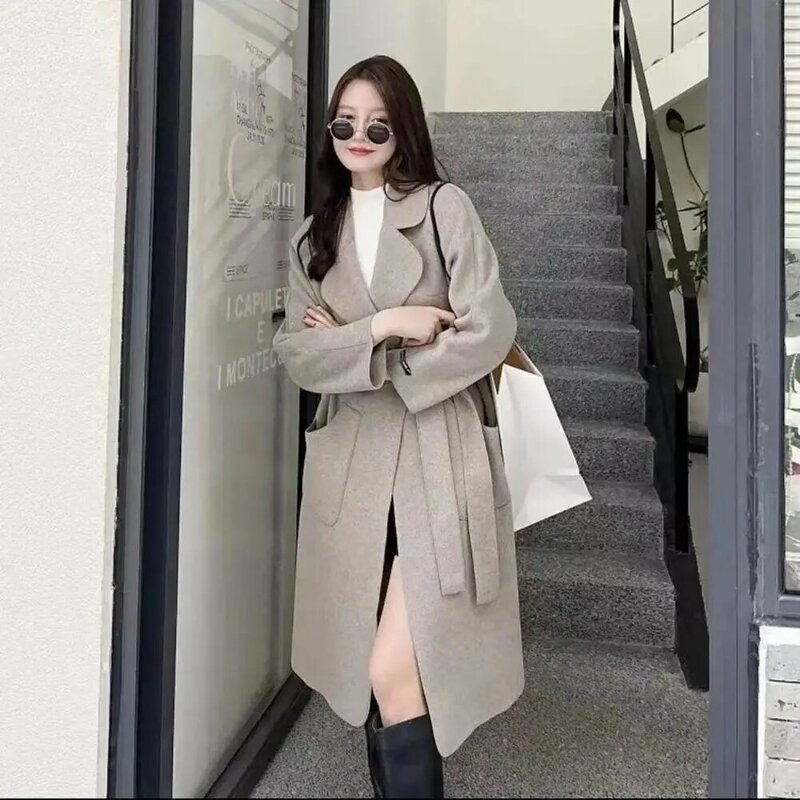 Trench Coat Women's Mid-length Solid Color Overcoat with Turn-down Collar Open Stitch Pockets Warm Thick Material for Fall
