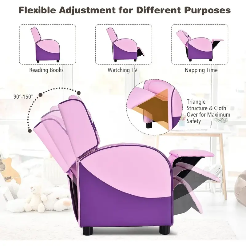 Children's sofa with ottoman, armrests, headrest and lumbar support, adjustable toddler sofa armchair for boys and girls (pink)