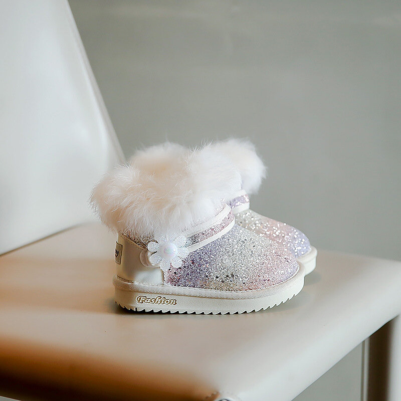 Botas de nieve con lentejuelas para niña, botines cálidos de terciopelo, zapatos de algodón, Invierno