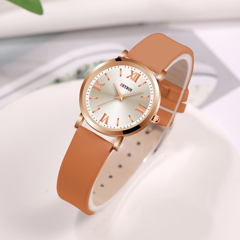แฟชั่นนาฬิกาควอตซ์สำหรับหญิง Minimalist สไตล์หนังสีน้ำตาลนาฬิกาข้อมือสตรีกีฬานาฬิกา Zegarek Damski