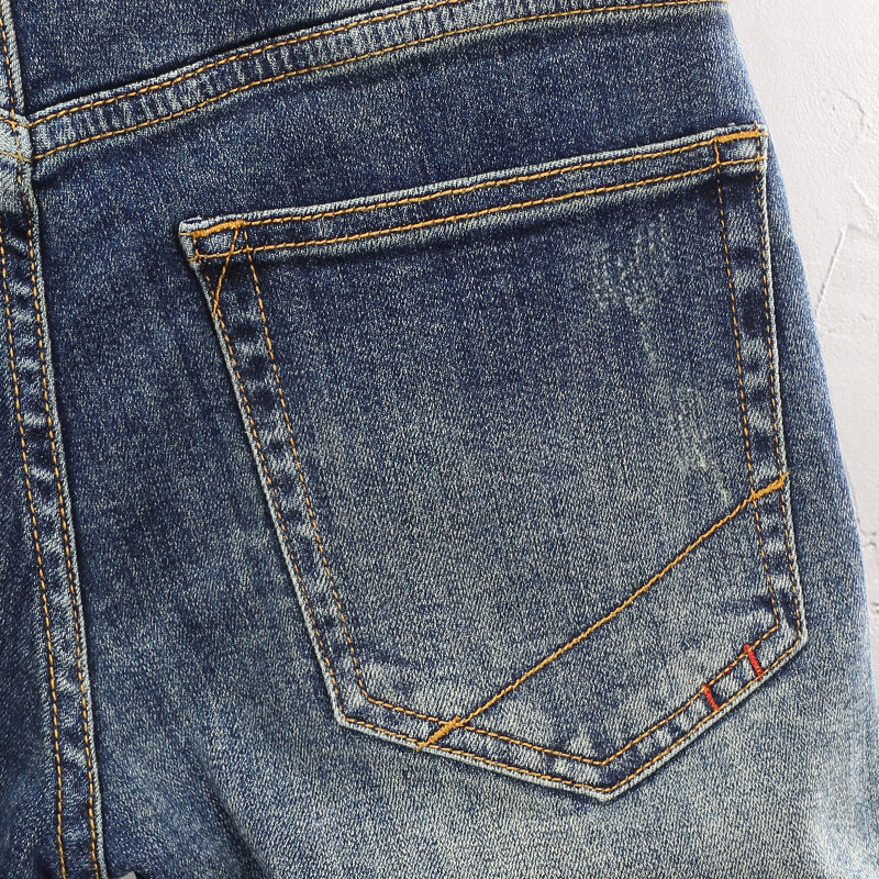 Nowo modne dżinsy męskie wysokiej jakości sprany niebieski Retro rozciągliwe dopasowanie pasujące do dżinsy Vintage mężczyzn haft designerski casualowe spodnie jeansowe