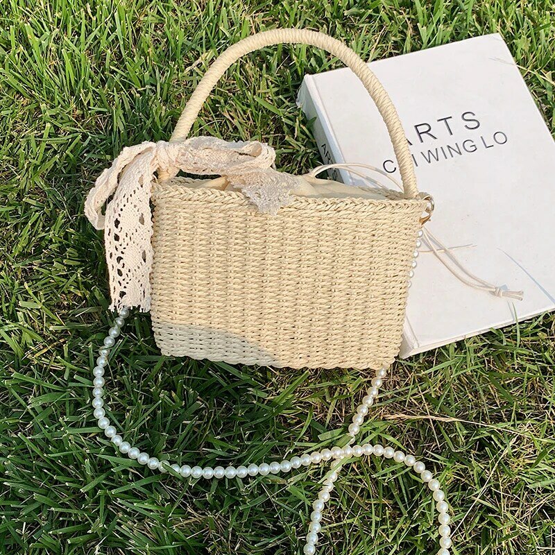 HOCODO Handmade Straw Crossbody Bag For Women Woven Straw Women Handbag Pearl Ladies Messenger Bag Summer Beach Shoulder Bags