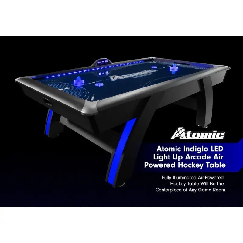 Atomic 90” Indiglo LED Light UP Arcade Air Powered Hockey Table - Includes Light Up Pucks and Pushers, Grey