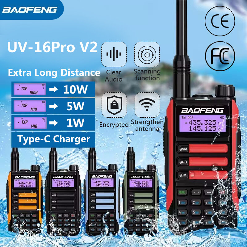 BaoFeng UV16 Walkie-Talkie Tri Band Professional Hunting Ham Waterproof Charger VHF UHF Long Range Type-C Two Way Portable Radio