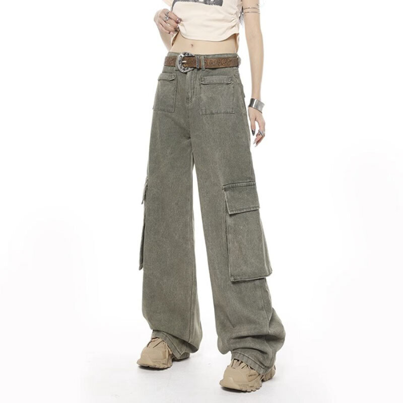 Calça cargosa de bolsos Y2K feminina, reta, grande, Harajuku, vintage, estética, calça jeans larga, de cintura alta, perna larga