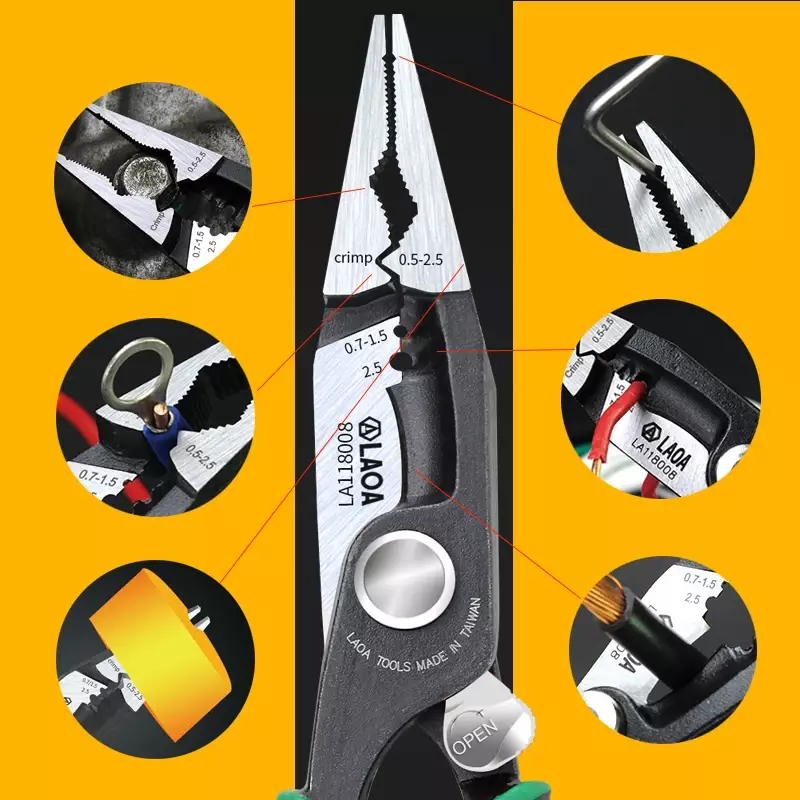 8 inch Multifunctional Long Nose Pliers Cr-Mo Wire Stripper Combination Pliers Electrican Hand Tools