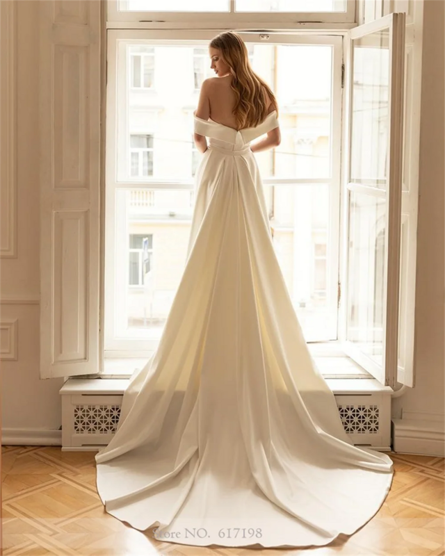 Off the Shoulder Satin Pleated Wedding Dress Sexy Mermaid with Removable Court Wedding Gowns for Bridal свадебное платье