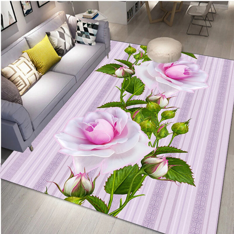 Tapete de área rosa flor romântica, capacho para sala de estar, decoração do quarto, tapete floral botânico, tapete rural pastoral