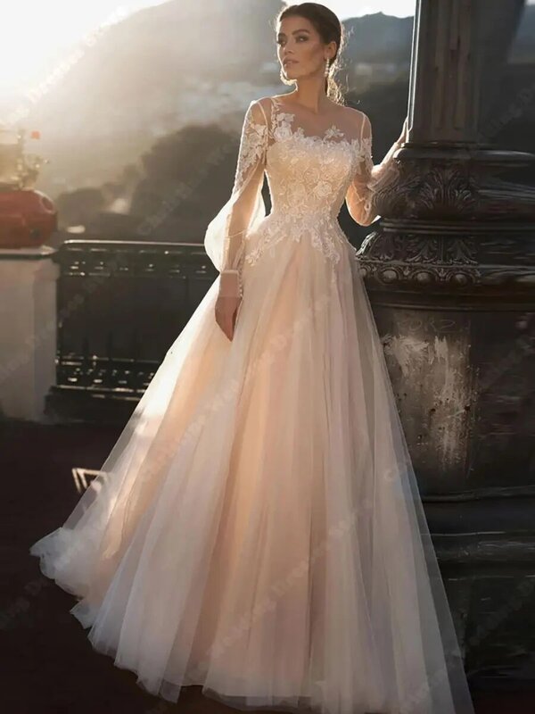 Szlachetne błyszczące koronkowe suknie ślubne 2024 aplikacje z okrągłym dekoltem w kształcie litery A suknie ślubne nowe długie rękawy bez pleców suknia dla panny młodej księżniczki