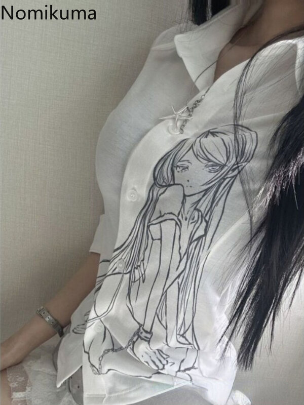 Женская блузка с мультяшным принтом, облегающие летние рубашки 2024, модные корейские рубашки, белые милые блузки, топы