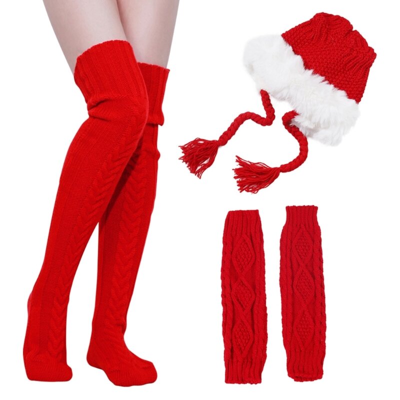 Christmas Costume Accessories SantaClaus Arm Gloves Knitted Hat Stockings Santa Cosplay Costume Festival Party Props