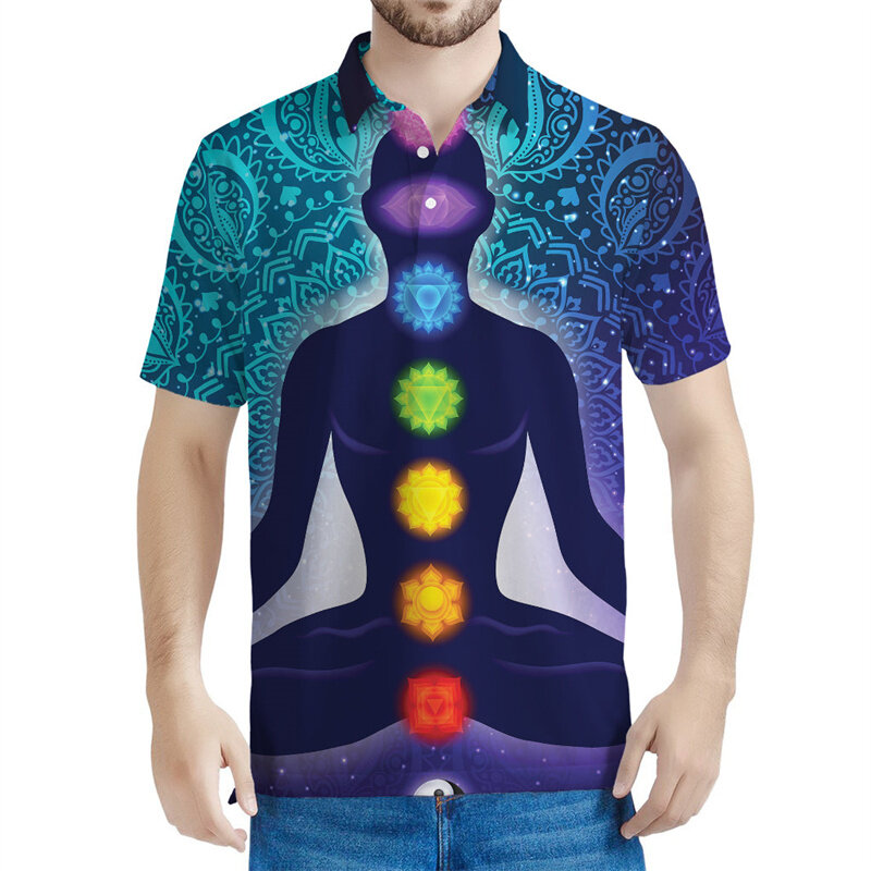 클래식 차크라 우주 패턴 폴로 셔츠 남성용, 3D 프린트 단추 티셔츠, 여름 스트리트웨어, 반팔 티 탑