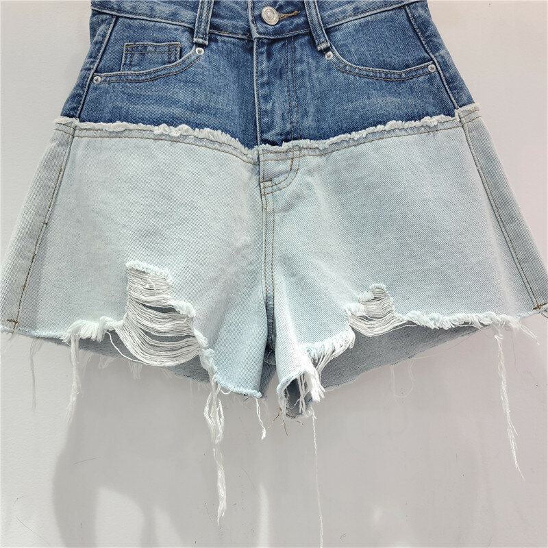 Super aen koreanische Loch Kontrast Jeans hose Frühling Sommer neue Hose mit hoher Taille weites Bein A-Linie kurz