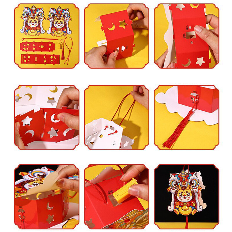 Lanterne chinoise en papier faite à la main pour le nouvel an, lanternes traditionnelles, dragon de dessin animé, cadeau de décoration, bricolage, festival du printemps