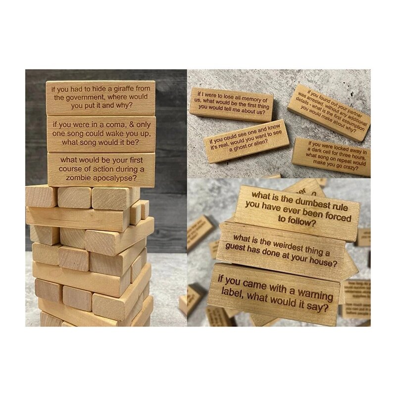 54 PCS Questions Tumbling Tower Game Ice Breaker Questions Tumbling Wood Color Wooden Giant Wood Stacking Game With Scoreboard