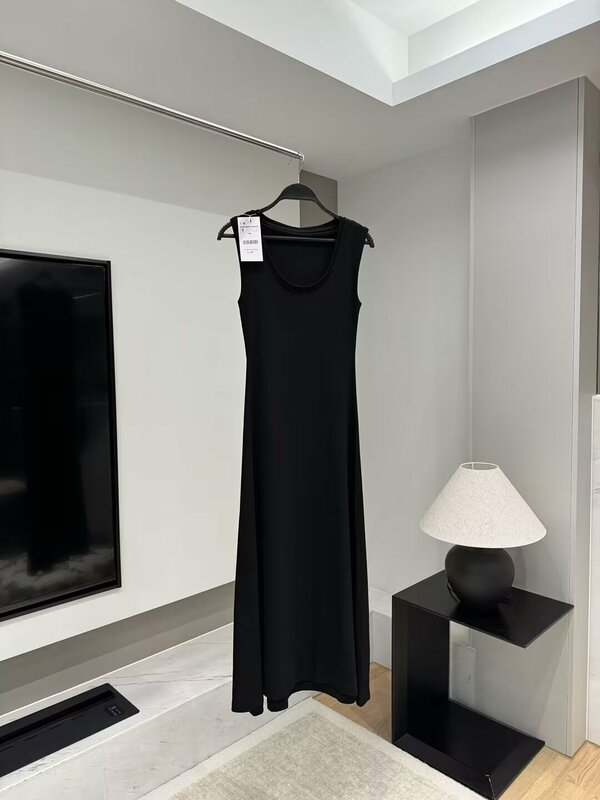Women's Summer New Fashion Black O Neck Dress Slim Fit Versatile Draped Pleated Midi Dress Retro Sleeveless Women's Dress Mujer