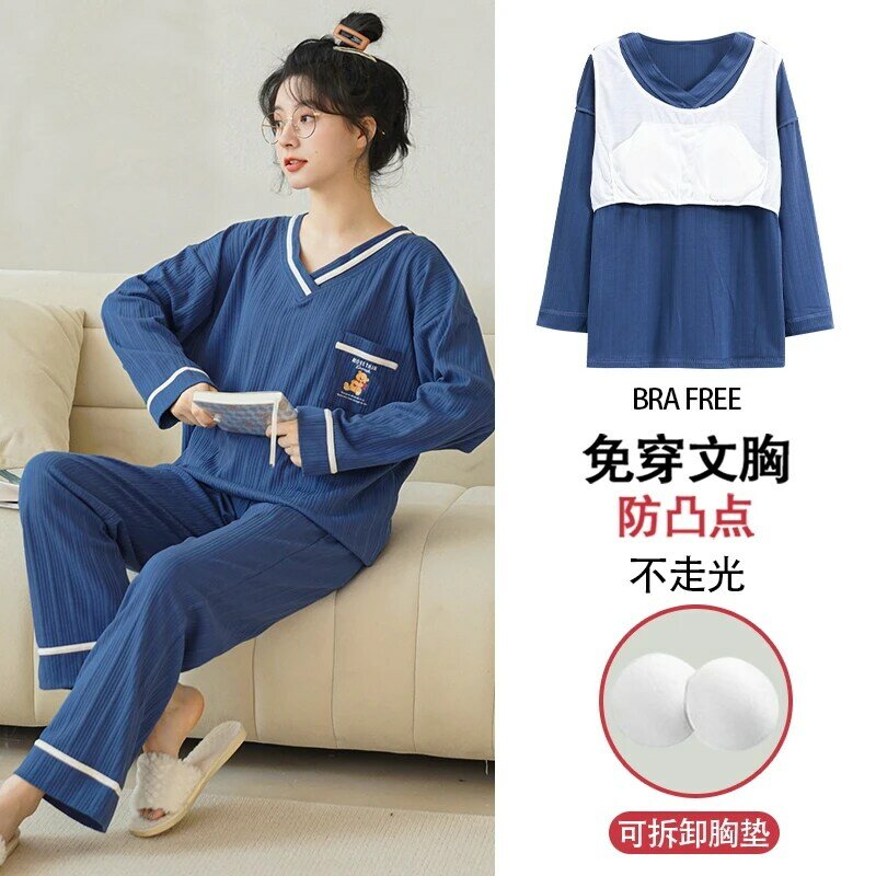 New Arrival Spring 100%Cotton Long Sleeve Sleepwear Female Pyjamas Casual Loose M-5XL Women Pajamas Set With Chest Pad