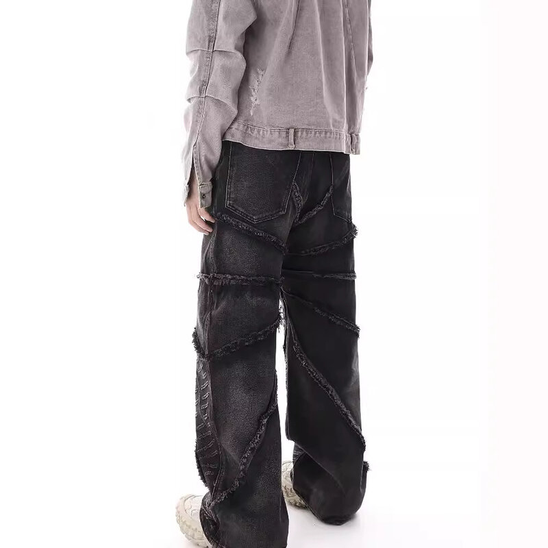 Jeans de cintura alta sem estiramento de grandes dimensões masculino, monocromático, calças de perna larga, amplamente aplicável, acessível, calças