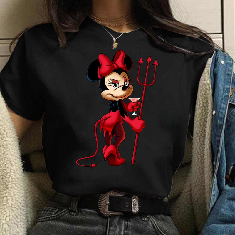 Minnie Mouse ใหม่ T เสื้อ Kawaiii ผู้หญิง Disney Tshirt Funny Top Tee สีดำหญิงเสื้อยืด Streetwear เสื้อแขนสั้น