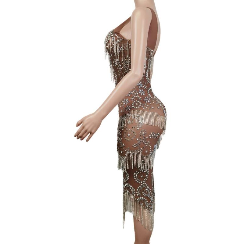 Sparkly Rhinestones Chain Bridesmaid Dresses Sleeveless Mesh Bodycon Short Dress Birthday Celebrate Gown Evening Dance Dress