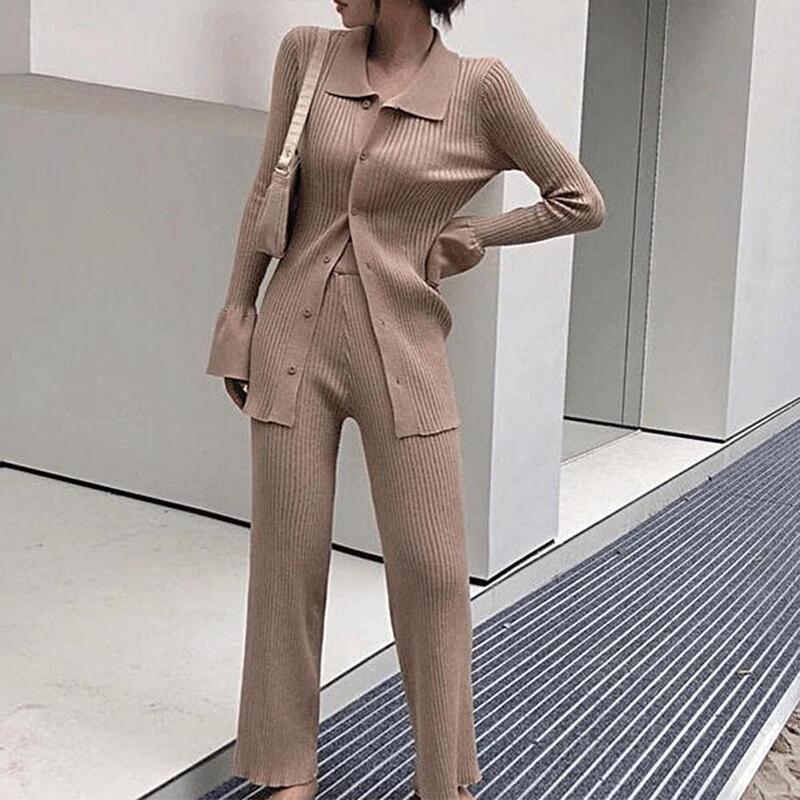 Sweater Coat Pants Set Solid Color Slim Fit Long Sleeves Turn-down Collar Elastic Flared Sleeves Women Sweater Trousers Suit