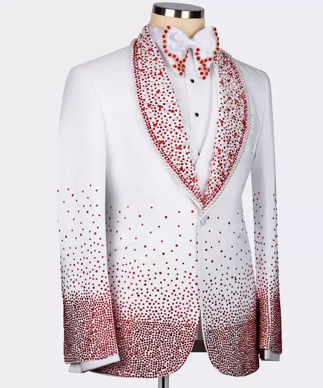 Setelan jas Pria Putih 2 potong, Blazer + celana mewah bermanik merah untuk pernikahan, tuksedo pesta Prom, celana mantel pesta
