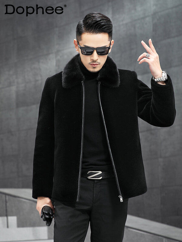Fashionable Coat Men's Mink Fur Collar Fur Integrated Down Jacket Leather Fur Winter Long Sleeve Solid Color Pocket Coats