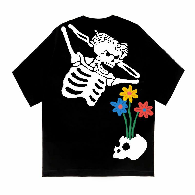 Nieuwe Punk Stijl Amerikaanse Retro Street Skull Bloem Foam Korte Mouw T-Shirt Unisex Ins Top Kwaliteit T-Shirt Kawaii Kleding