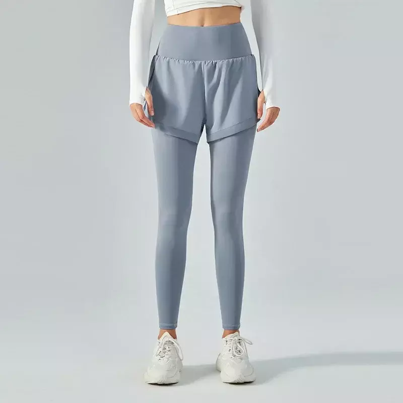 Pantalones de Yoga falsos de dos piezas para mujer, pantalones de ejercicio finos de cintura alta, levantamiento de cadera, pantalones desnudos sin costuras, Verano