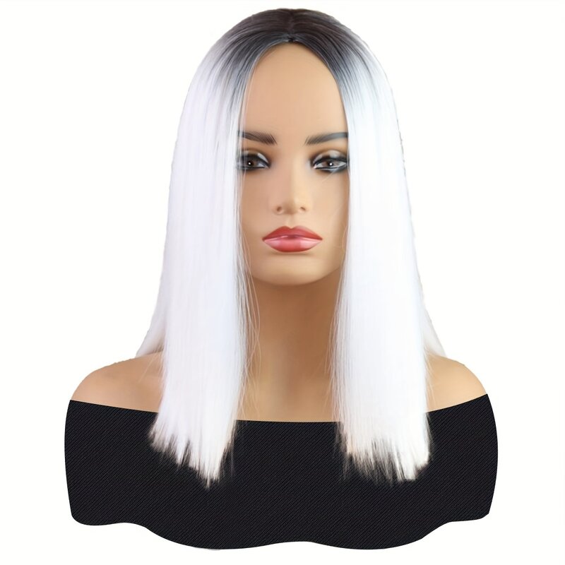 Peruca curta preto e branco para mulheres, perucas de cosplay de cabelo, peruca reta completa, ombre