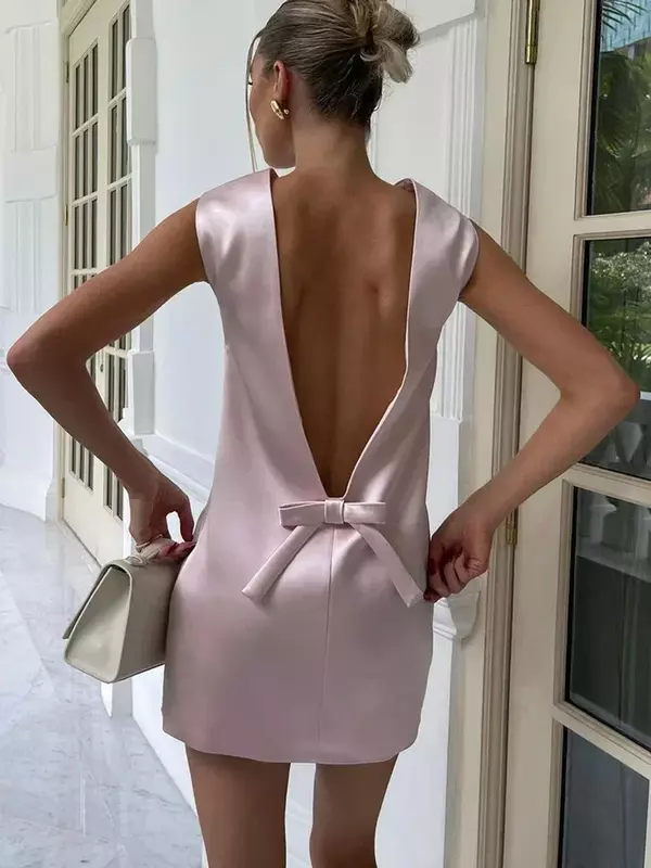 Taruxy Satin Mini kleid für Frauen sexy rücken freie Schleife Kleidung ärmellose Tank Kleider Femme Party elegante Abendkleid Frau