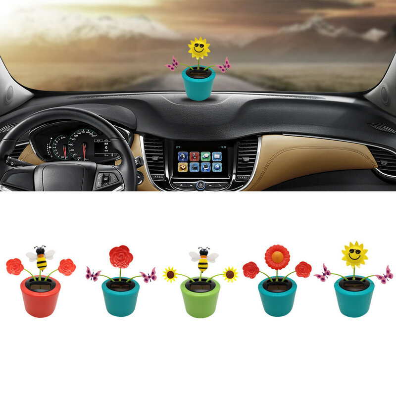 Ornamento solar do carro para crianças, brinquedos solares, flor fofa, borboleta, abelha, balanço, desenhos animados criativos, decoração do carro