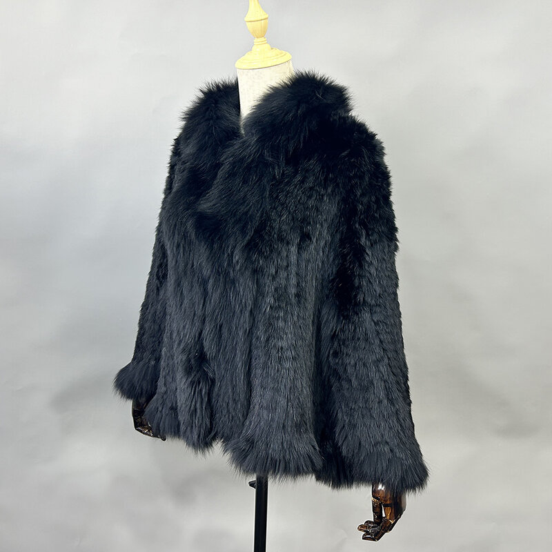 Mantel selendang bulu kelinci rajut alami asli baru dengan kerah bulu rubah mode wanita jubah jaket rajut