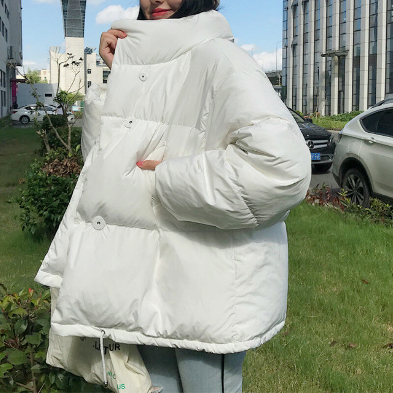 Mantel bulu hangat wanita, jaket polos kerah wanita gaya Korea ritsleting pendek musim dingin untuk perempuan
