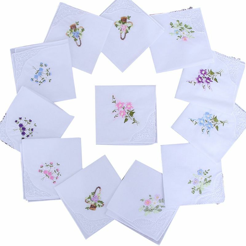 5Pcs/Set 11x11 Inch Womens Cotton Square Handkerchiefs Floral Embroidered with for Butterfly Lace Corner Pastoral Pocket