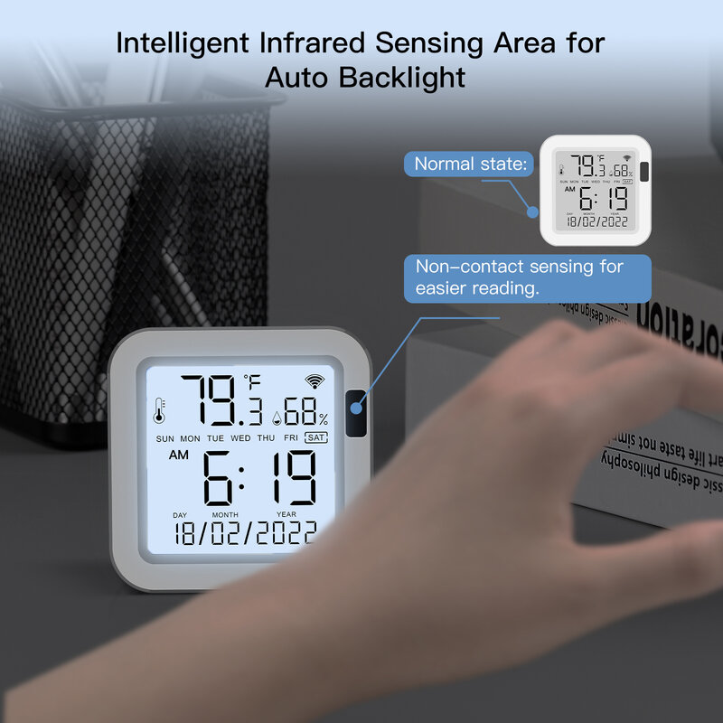 MOES WiFi Temperature & Humidity Sensor LCD Screen Infrared Sensing Backlight Smart Tuya APP Remote Control Alexa Google Voice