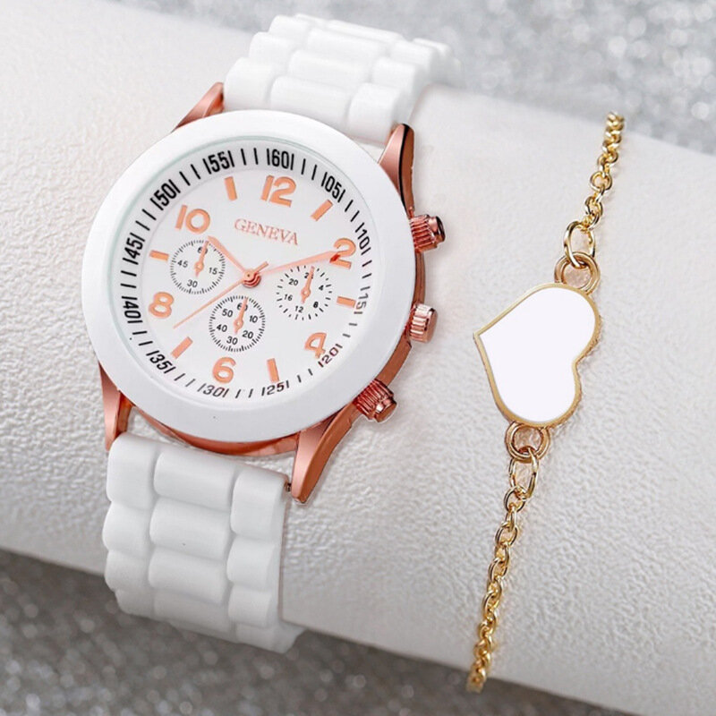 Jam tangan wanita bentuk hati, 4 buah jam tangan wanita, Set perhiasan, jam tangan gelang kasual, pita silikon, jam Quartz, perak, mewah