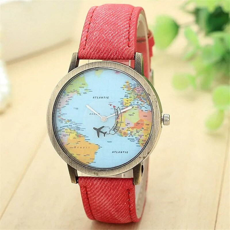 Cool Mini World Fashion zegarek kwarcowy mężczyźni Unisex mapa samolot podróż dookoła świata kobiety skórzana sukienka zegarki uniwersalne
