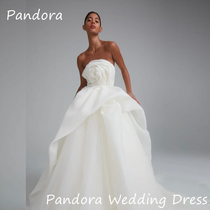 Pandora Organza A-line gaun pengantin tanpa tali Ruffle sederhana gading gaun panjang lantai elegan Formal untuk wanita 2024