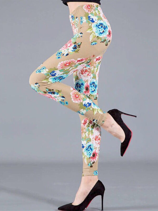 YSDNCHI Legging Fitness Wanita Musim Panas Legging Motif Floral Celana Pensil Elastis Ramping Seksi Wanita Celana Panjang Elastis Mujer