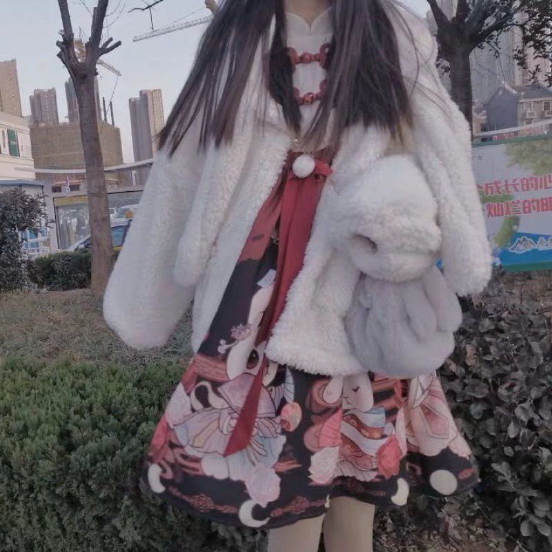 Casaco de veludo aveludado acolchoado com capuz feminino com orelhas de coelho, casaco falso de caxemira, Harajuku macio, Kawaii, zíper, inverno, 2022