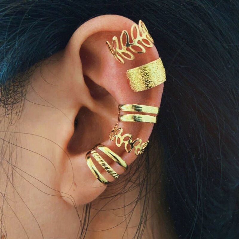 New 5Pcs/Lot Vintage Gold Color Leaves Ear Cuff Non-Piercing Fake Cartilage Clip Earrings For Women Men Creative Trend Jewelry