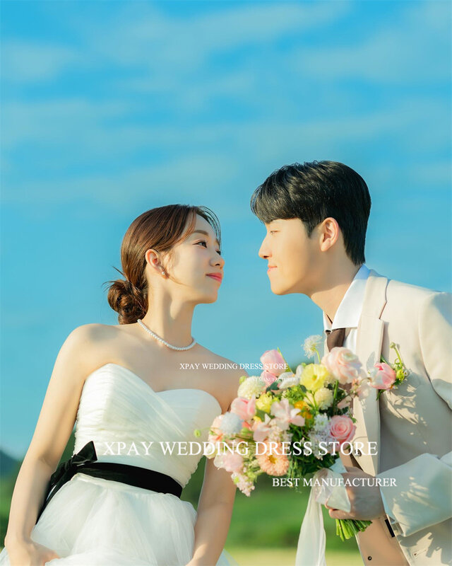 XPAY kochanie koreańska linia suknie ślubne bufiasta tiul czarne ramiączka suknia ślubna sesja zdjęciowa bez pleców wykonane na zamówienie suknia dla panny młodej