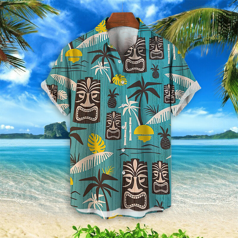 Camisas hawaianas con estampado 3d Tiki para hombre, camisa Retro de manga corta, ropa informal holgada, nueva tendencia de moda, 2024